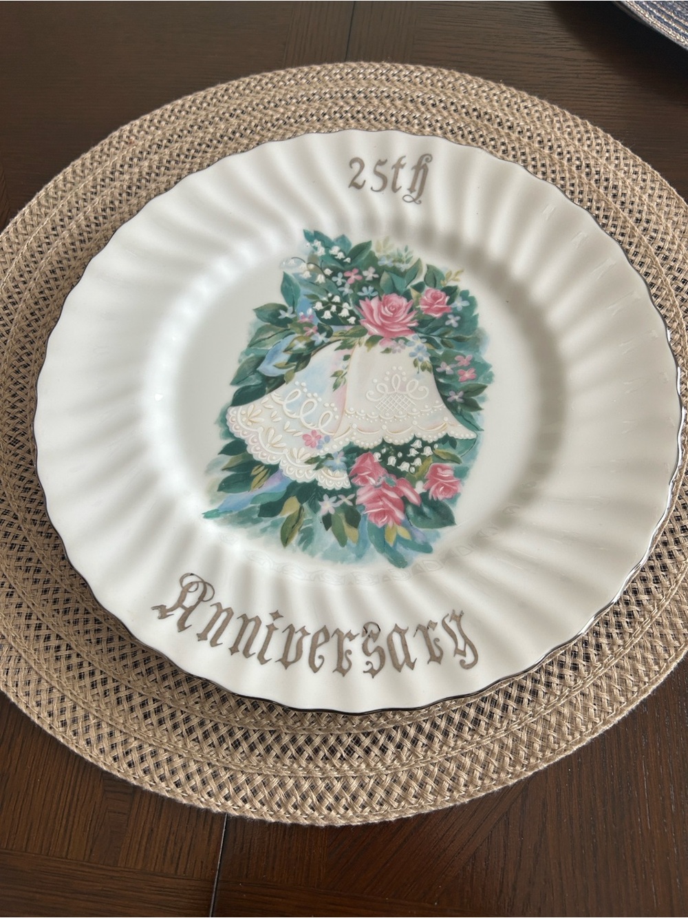 25th Anniversary Decorative Plate in White with Floral Bells
